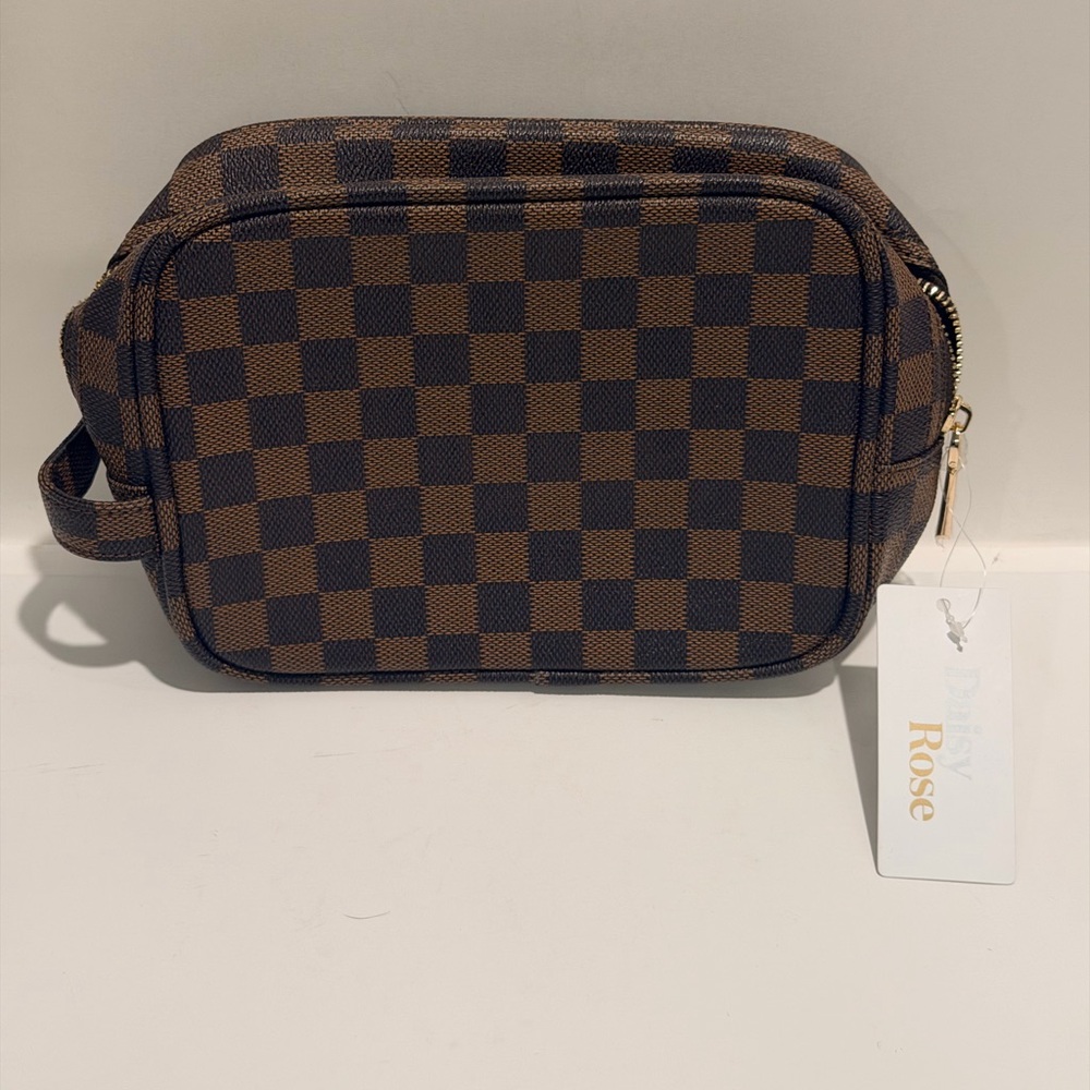 Elegant Checkered Cosmetic Bag in Brown and Black